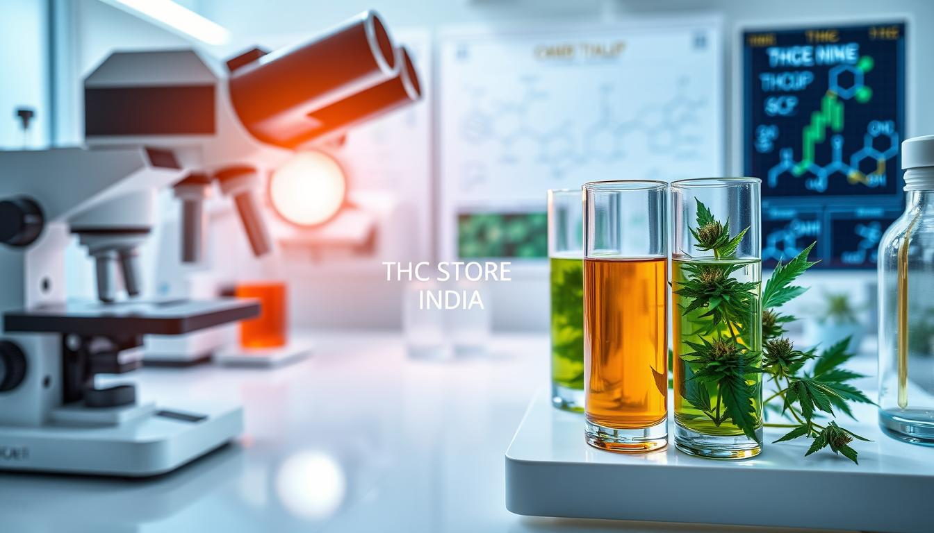 A laboratory scene featuring advanced analytical equipment for cannabis testing, showcasing glassware filled with colorful cannabis extracts. In the background, a detailed chart displaying chemical structures related to THCP. Bright lighting highlights the precision instruments and a clean, modern workspace. Include elements such as a microscope, pipettes, and digital displays of data analysis, with an emphasis on the vibrant green hues of the cannabis plant. Add subtle touches that evoke a sense of scientific exploration and innovation, while incorporating the brand name "THC STORE INDIA" in a stylish, unobtrusive manner integrated into the lab environment.