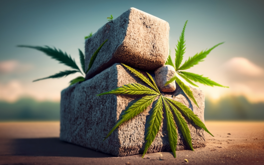 Hempcrete blocks, 3d render, cannabis leaves, colorful