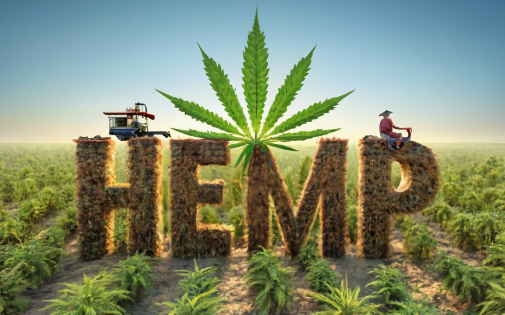 "HEMP", TITLE in the bottom - with hemp field in the backgrround with farmers working on the field, illustration, vibrant, conceptual art, 3d render, typography