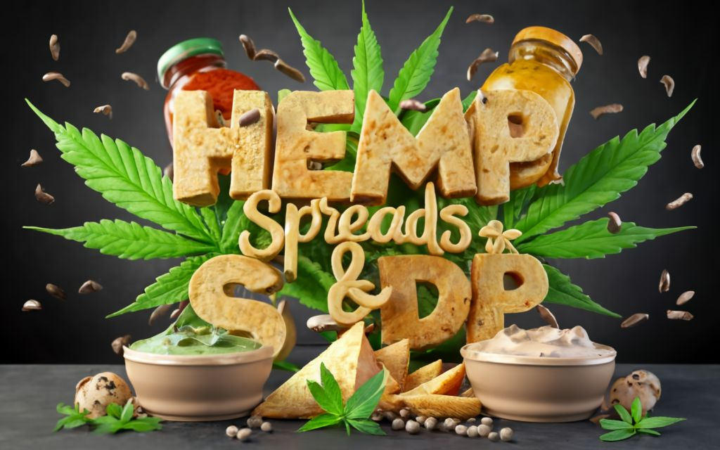 "HEMP SPREADS & DIP " - Text with no tagline. with bottles and bowls, in the cannabis leaf background and Hemp SPREADS & DIP with food items.