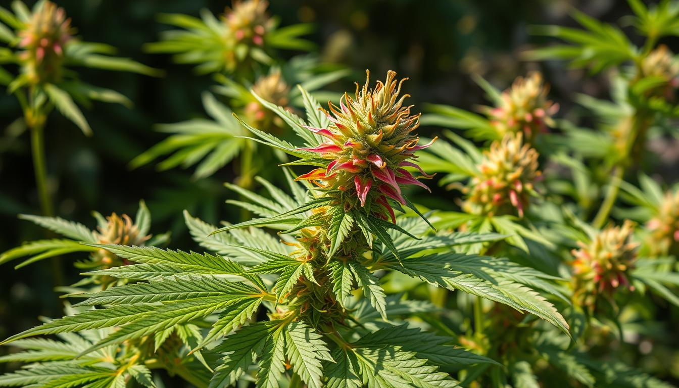 "Vibrant cannabis plants in various stages of hermaphroditic reproduction, showcasing male and female flowers, lush green leaves, intricate details of pistils and stamens, set in a natural outdoor environment with soft sunlight filtering through, highlighting the complexity of cannabis genetics --v 5 --ar 16:9 --q 2 THC STORE INDIA"