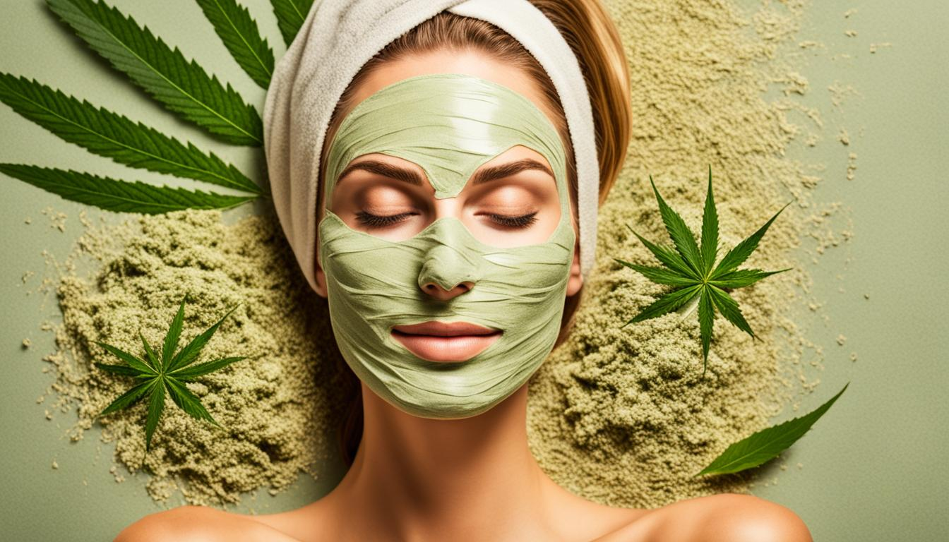 a person's face covered in a nourishing hemp face mask, with small strands of hemp visible in the mask and the person's skin appearing refreshed and rejuvenated. The background should have subtle earthy tones to reflect the natural ingredients used in the mask.