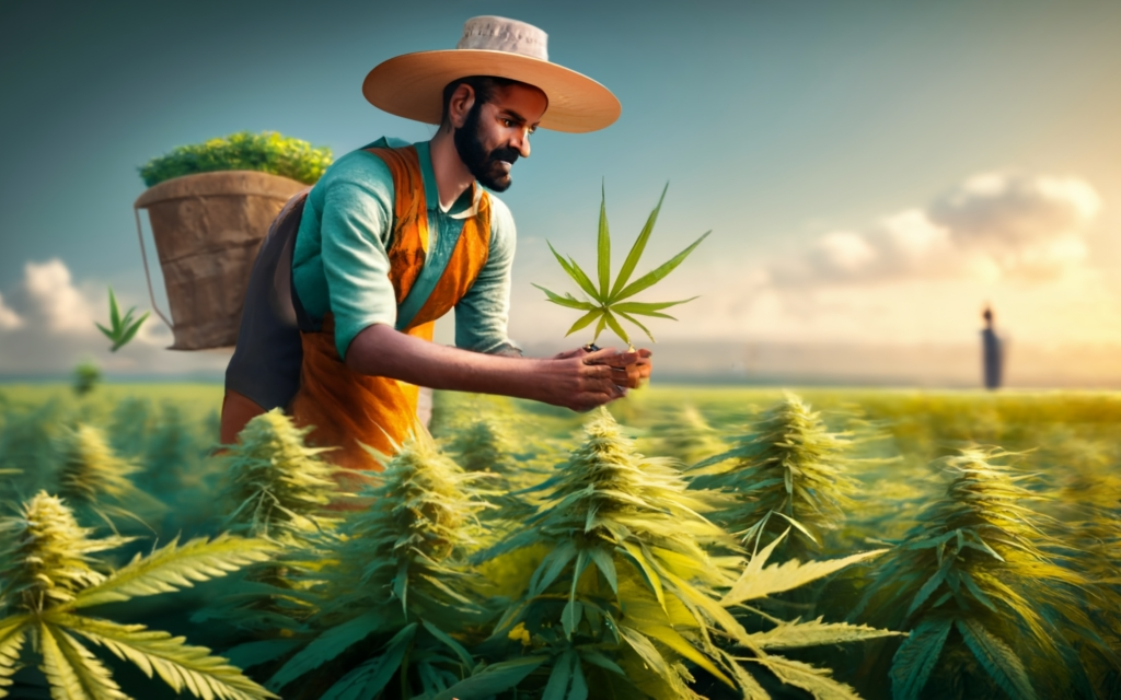 create an image of a Indian hemp cultivation farm, farmers and businesses on the side, Indian farms, indian map, people taking hemp, people using hemp products, people helping farmers", 3d render, conceptual art