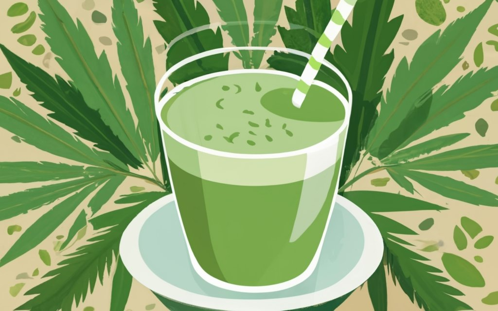 create an image of a Glass of hemp milk, with a bowl of hemp seeds, a bowl of hemp hearts, hemp leaves around in the background, with a title - "HEMP MILK" in the center. , typography, 3d render, conceptual art, illustration