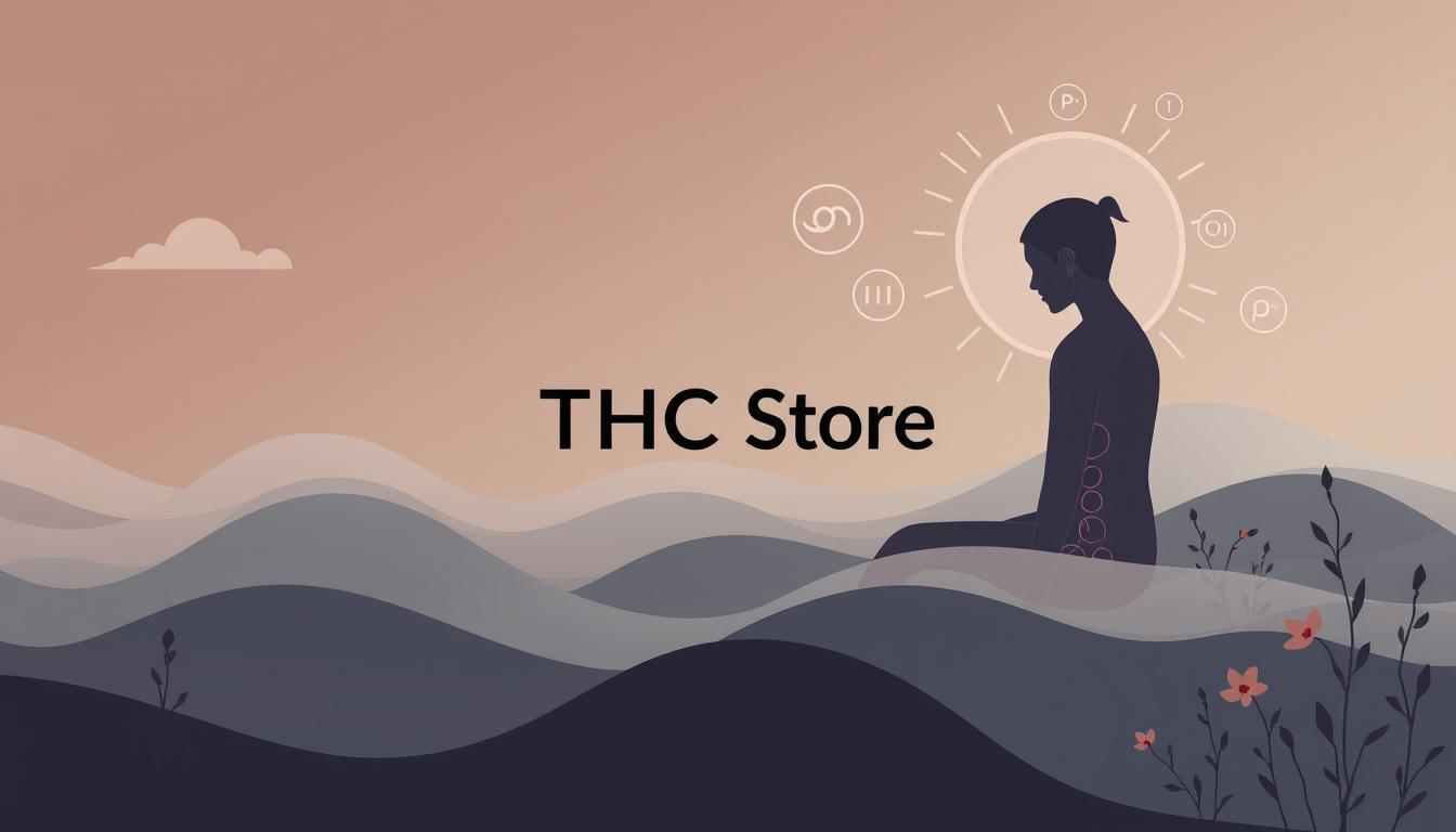 A serene landscape depicting a person experiencing the effects of fibromyalgia, with subtle representations of endocannabinoid deficiency, featuring soft, flowing lines and a muted color palette. Include elements like gentle waves or clouds symbolizing pain and relief, intertwined with abstract shapes representing the endocannabinoid system, surrounded by natural elements like plants or flowers symbolizing healing. Incorporate the brand name "THC Store India" in a harmonious way within the design without any text.
