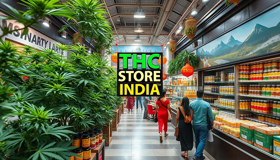 A vibrant marketplace showcasing the potential of the cannabis industry in India, featuring lush green cannabis plants, various hemp products like oils and textiles, bustling shoppers exploring modern dispensaries, colorful packaging, and a backdrop of Indian cultural elements such as architecture and landscapes, all infused with a sense of prosperity and growth, with a central focus on a sign that reads "THC STORE INDIA".