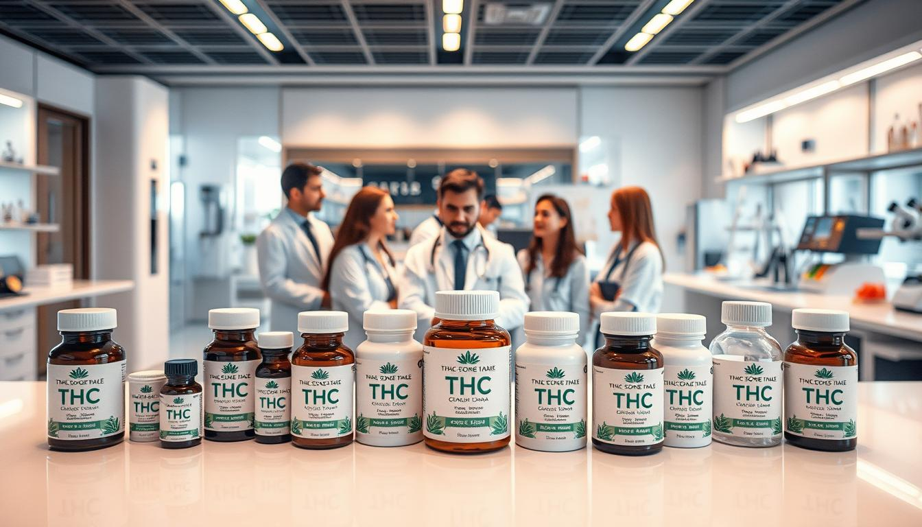 A vibrant and visually compelling image of cannabis-based medicines displayed in a sleek, modern setting. The foreground showcases an array of pharmaceutical-grade THC products from the "THC STORE INDIA" brand, presented on a minimalist, white counter. The middle ground features a group of healthcare professionals, researchers, and patients engaged in thoughtful discussion, highlighting the medical and scientific aspects of these treatments. The background depicts a contemporary, well-equipped laboratory, complete with state-of-the-art equipment, signifying the rigorous research and development process behind these innovative cannabis-derived medications. The lighting is soft and warm, creating a sense of professionalism and credibility, while the overall composition conveys a balanced, informative, and visually striking representation of the availability of cannabis-based drugs in India.