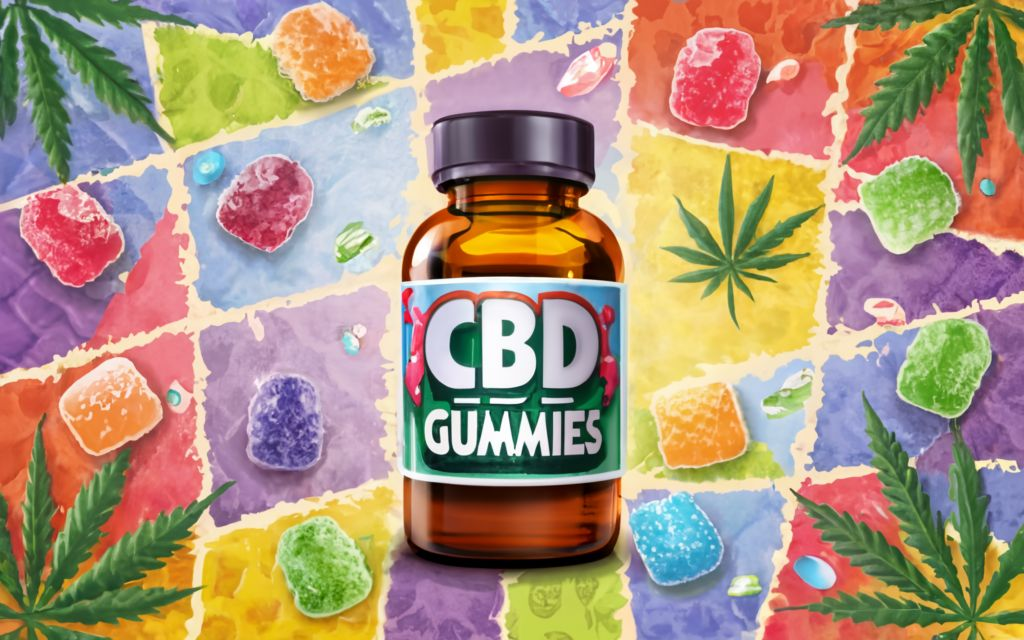 "CBD Gummies" - Text with no tagline. with bottle with no label of cbd gummies in the background is images of CBD Gummies and Cannabis leaves in patchwork art style, divided in differents seccions with diferents styles of patchwork in very colorfull, conceptual art, anime, vibrant
