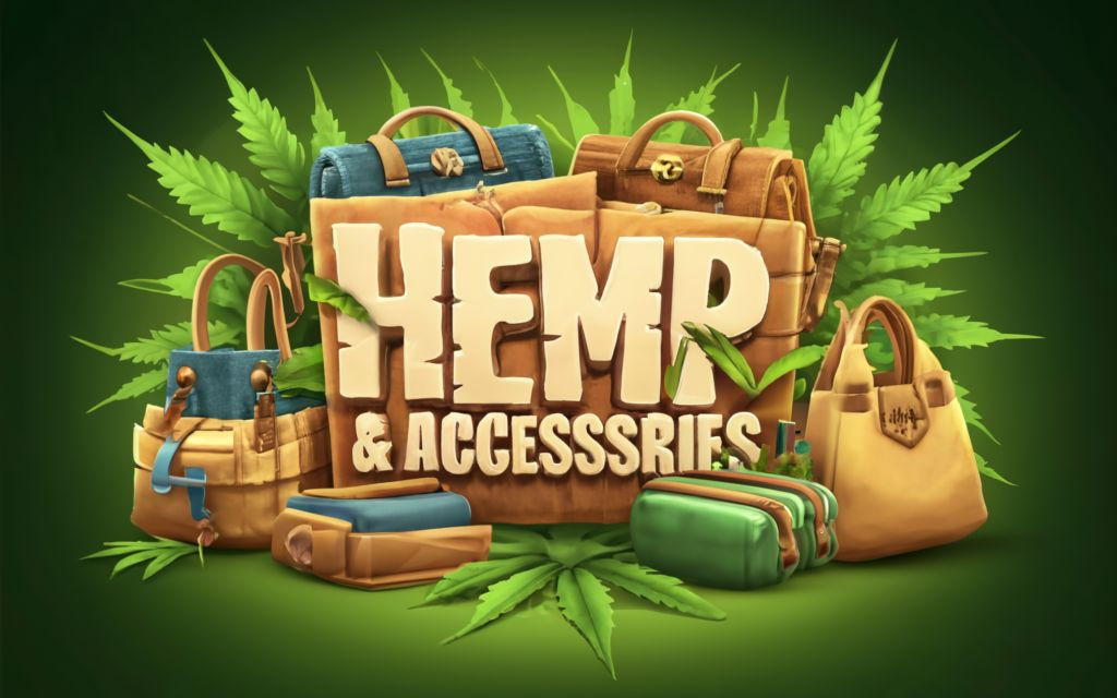 Hemp bags & accessories with title in the center with cannabis leaf, gradient bg