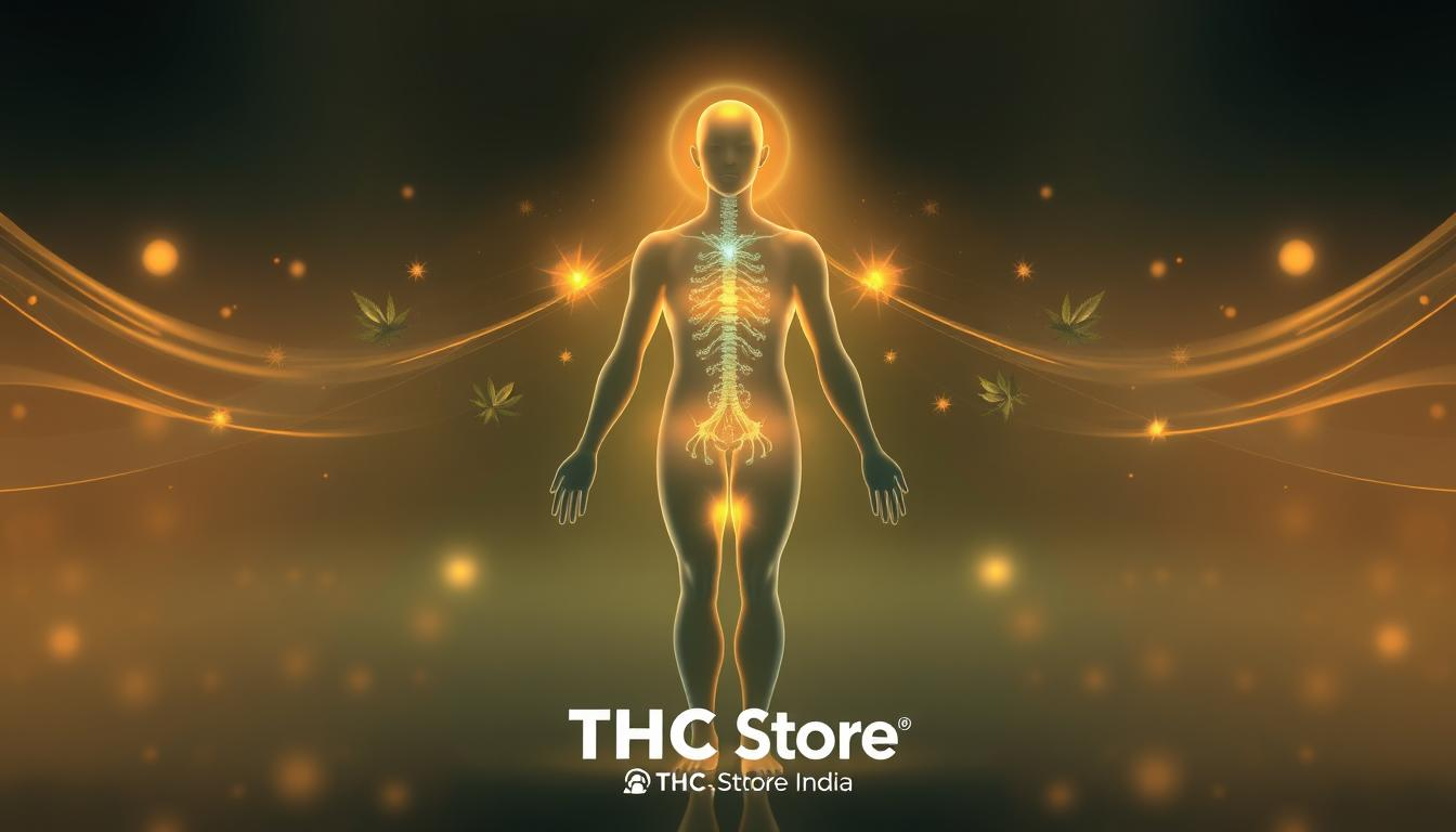 A serene, abstract representation of the human body with highlighted areas indicating the endocannabinoid system, surrounded by a gentle glow. Incorporate visual metaphors for balance and wellness, such as flowing lines or harmonious colors. Include elements like cannabis leaves subtly integrated into the background to represent natural healing, set within a tranquil, meditative environment. Artistic style: soft, ethereal, and organic. Include the brand name "THC Store India."
