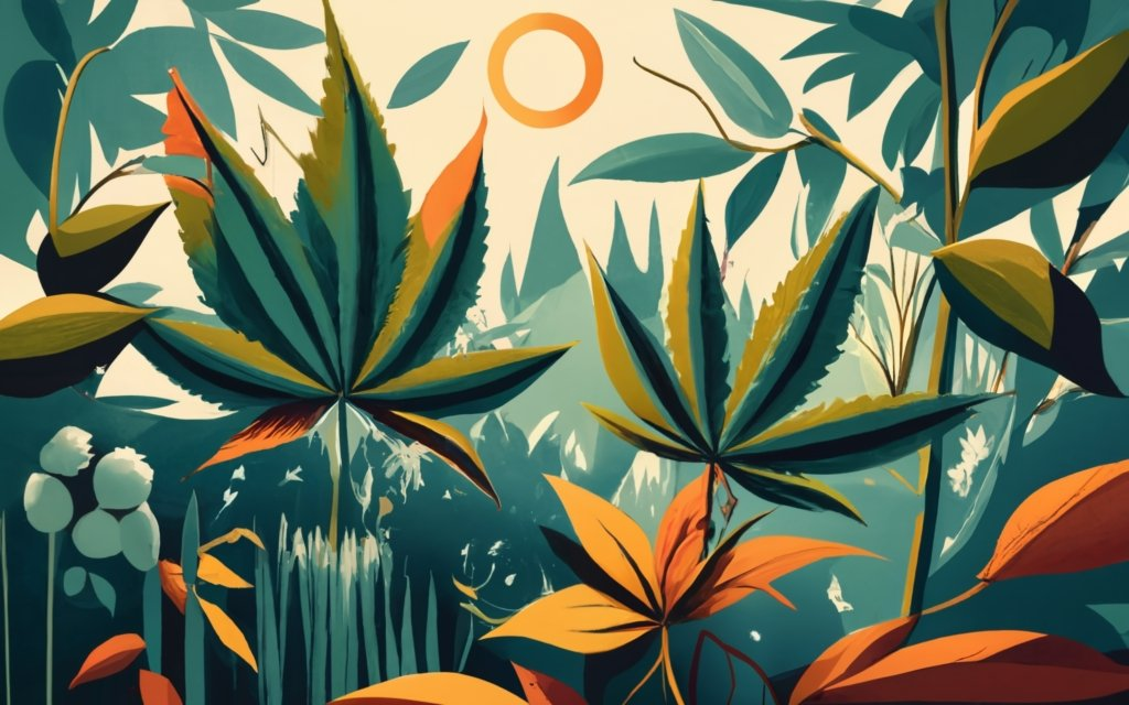 This visually stunning image divides into three sections, artfully showcasing the rugged texture of hemp leaves, the softness of bursting cotton bolls, and the graceful sway of bamboo stalks. Set against a serene botanical garden bathed in warm sunlight, it blends photography with 3D rendering, with subtle typography, creating a tranquil and natural masterpiece of conceptual art and illustration.