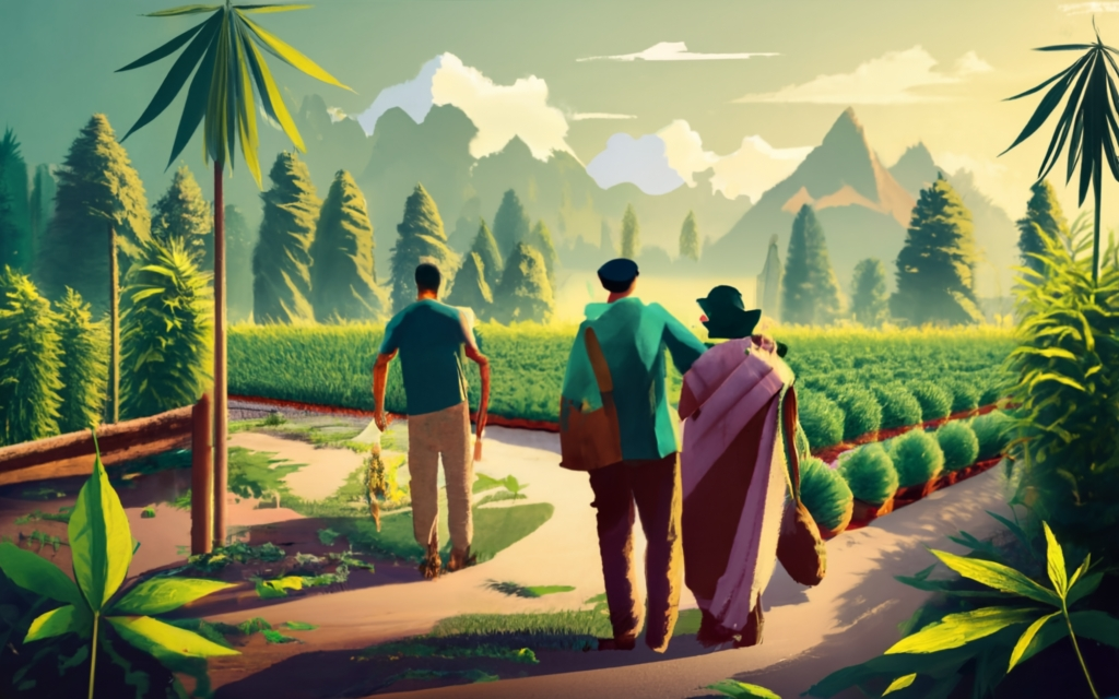 create an image of a Indian hemp cultivation farm, farmers and businesses on the side, Indian farms, indian map, people taking hemp, people using hemp products, people helping farmers", 3d render, conceptual art