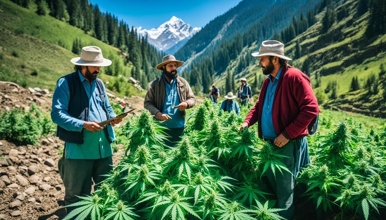 Show a group of Himalayan cannabis farmers working in a lush, mountainous landscape. The farmers should be tending to tall, healthy cannabis plants with broad leaves and resinous buds. The plants should be growing in fertile soil surrounded by rocky mountains and fields of wildflowers. The farmers should be dressed in traditional clothing, with colorful shawls and woven hats. Some of them should be using simple hand tools like sickles or hoes to prune and harvest the cannabis plants, while others should be carrying large baskets filled with fresh buds. The scene should have a peaceful atmosphere, with birds flying overhead and the sound of a nearby stream or waterfall in the background.