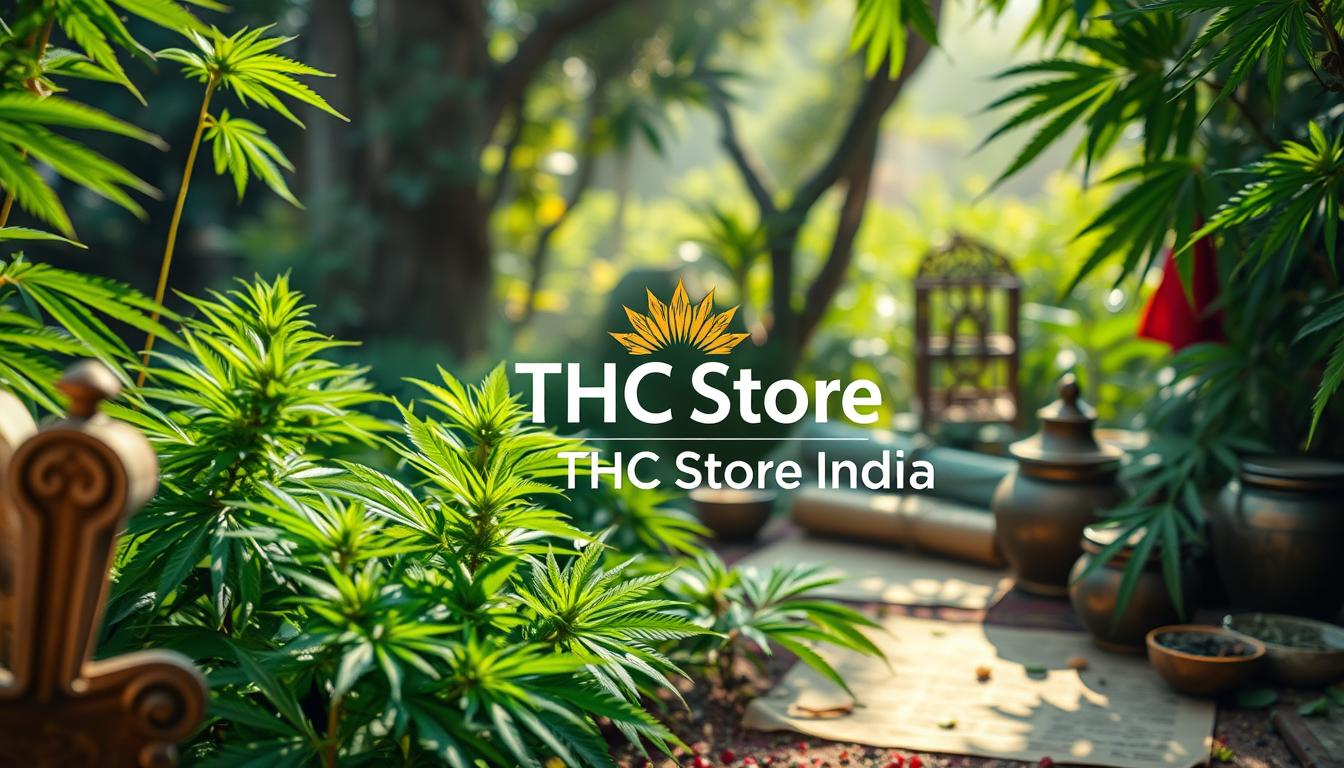 A serene and vibrant depiction of Bhang as a Rasayana, showcasing lush green cannabis plants surrounded by traditional Ayurvedic elements like ancient scrolls and herbal jars, with a peaceful garden setting in soft sunlight, emphasizing rejuvenation and holistic health benefits. Include the brand name "THC Store India" artistically integrated into the natural scenery.