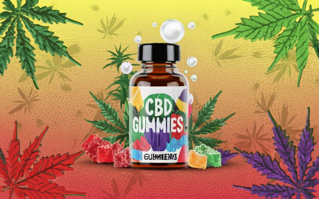 "CBD Gummies" - Text with no tagline. with bottle with no label of cbd gummies in the background is images of CBD Gummies and Cannabis leaves in patchwork art style, divided in differents seccions with diferents styles of patchwork in very colorfull, conceptual art, anime, vibrant