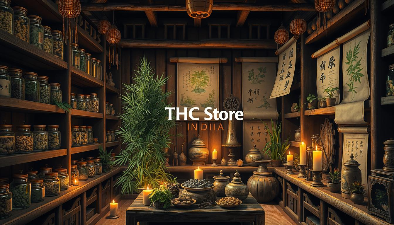 Ancient Chinese apothecary setting, wooden shelves filled with jars of herbs, a central focus on hemp plants, traditional Chinese medicinal tools, intricate scrolls depicting herbal uses, warm candlelight illuminating the scene, rich textures of silk and bamboo, soft earth tones blending together, "THC Store India" subtly integrated into the background design.