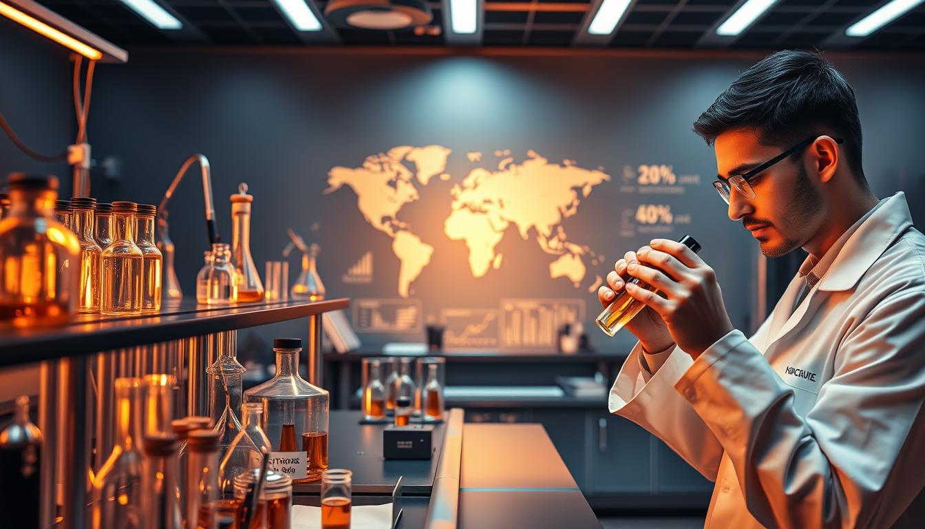 A serene, dimly lit laboratory scene depicting global cannabis research. Rows of test tubes, beakers, and scientific apparatus arranged neatly on sleek metal surfaces, bathed in a warm, amber glow. In the foreground, a researcher in a white lab coat examines a sample, their face illuminated by the soft light. The background showcases a world map, with various data points and figures highlighting the worldwide scope of cannabis studies. Subtle branding for "THC STORE INDIA" appears discreetly on laboratory equipment. An atmosphere of scientific inquiry and medical discovery pervades the scene.