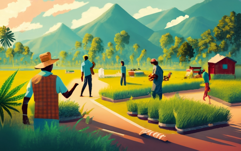 create an image of a Indian hemp cultivation farm, farmers and businesses on the side, Indian farms, indian map, people taking hemp, people using hemp products, people helping farmers", 3d render, conceptual art