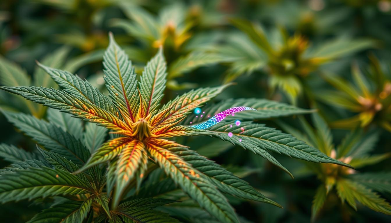 Close-up view of cannabis leaves with intricate patterns symbolizing epigenetic modifications, featuring vibrant colors and detailed textures, glowing DNA strands intertwined with plant structures, soft focus background of a lush cannabis garden, emphasizing the connection between genetics and environmental influences, THC STORE INDIA.