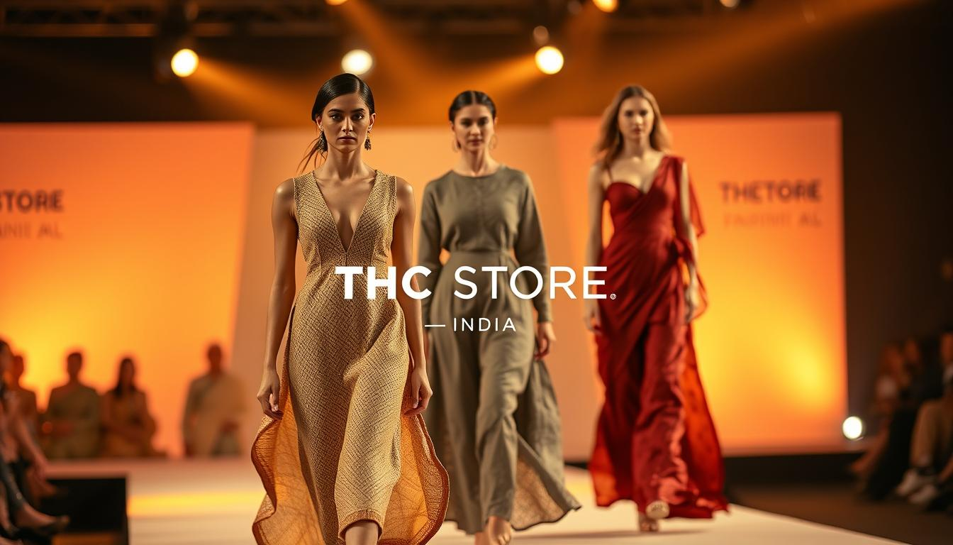 A vibrant fashion runway showcasing sustainable designs, with a focus on natural fabrics like hemp, khadi, and silk. The models stride confidently, their garments flowing gracefully in the warm, diffused lighting. In the foreground, a hemp-based dress with intricate hand-woven patterns, complemented by subtle gold accents. In the middle ground, a khadi ensemble featuring clean lines and a muted color palette. In the background, a shimmering silk gown in rich, jewel-toned hues. The overall atmosphere exudes a sense of elegance, innovation, and a commitment to eco-friendly practices. Prominently displayed is the &amp;quot;THC STORE INDIA&amp;quot; branding, showcasing the brand's dedication to sustainable fashion.
