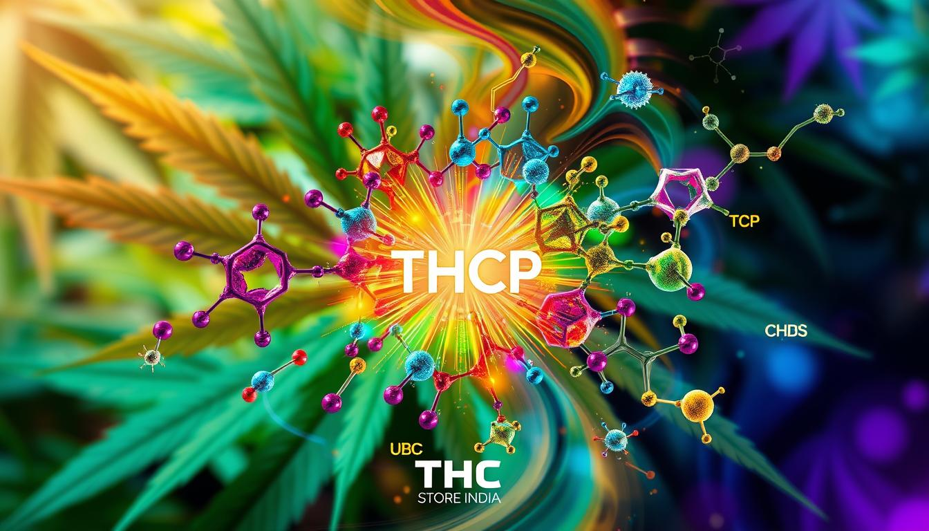 A vibrant, visually striking comparison of THCP and other cannabinoids, showcasing molecular structures intertwined in a dynamic, swirling pattern. The background features an abstract representation of cannabis leaves and a spectrum of colors symbolizing different effects, with a central focus on the unique structure of THCP radiating energy. Include visual elements that represent popular cannabinoids like THC and CBD, set within a science-inspired aesthetic. Incorporate subtle hints of natural elements to suggest the organic origins of these compounds. THC STORE INDIA logo subtly integrated into the design without text.