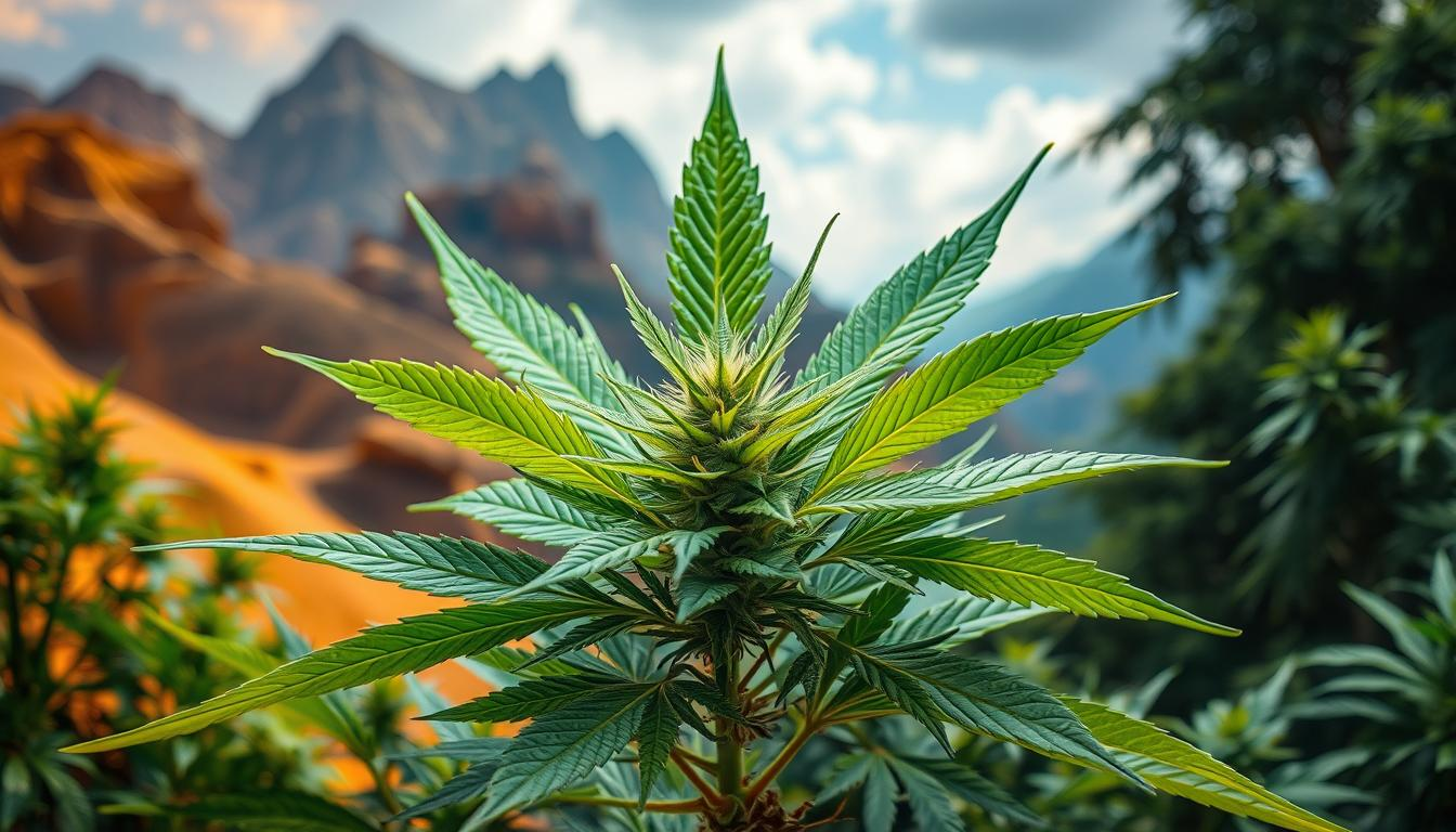 A vibrant cannabis plant thriving in diverse environments, showcasing its adaptability through varied leaf shapes and colors, surrounded by contrasting backgrounds of arid desert, lush forest, and urban landscapes, with a focus on intricate details of the leaves and roots. Include elements of thriving ecosystems and natural resilience, emphasizing the theme of plasticity in nature. THC STORE INDIA
