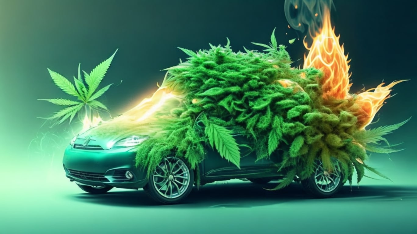hemp plant growing on top of a car, Hemp bio fuel, burning
