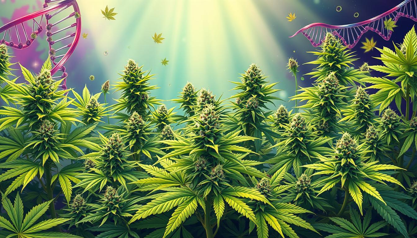 A vibrant, detailed illustration of various cannabis plants showcasing genetic variability; different shades of green leaves, diverse bud formations, and varying heights; intricate close-ups of trichomes and THC crystals; an abstract representation of DNA strands intertwined with cannabis motifs, symbolizing the genetic basis of THC production; background featuring a spectrum of light to highlight growth stages, with botanical elements emphasizing diversity in species and epigenetic variations. Include the brand name "THC STORE INDIA" subtly integrated into the foliage.