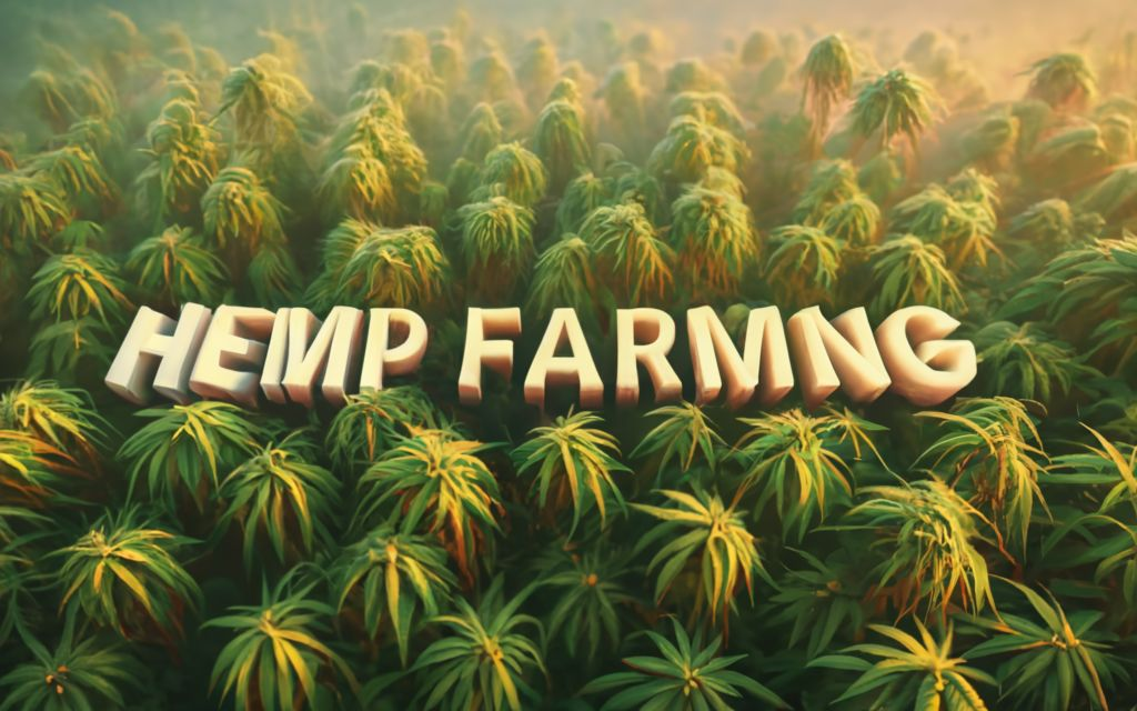 "HEMP Farming ", TITLE in the bottom - with hemp field in the backgrround with farmers working on the field, illustration, vibrant, conceptual art, 3d render, typography