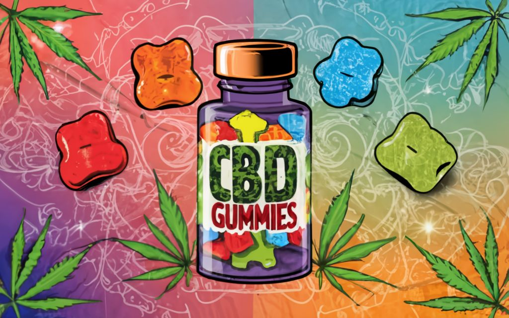 "CBD Gummies" - Text with no tagline. with bottle with no label of cbd gummies in the background is images of CBD Gummies and Cannabis leaves in patchwork art style, divided in differents seccions with diferents styles of patchwork in very colorfull, conceptual art, anime, vibrant