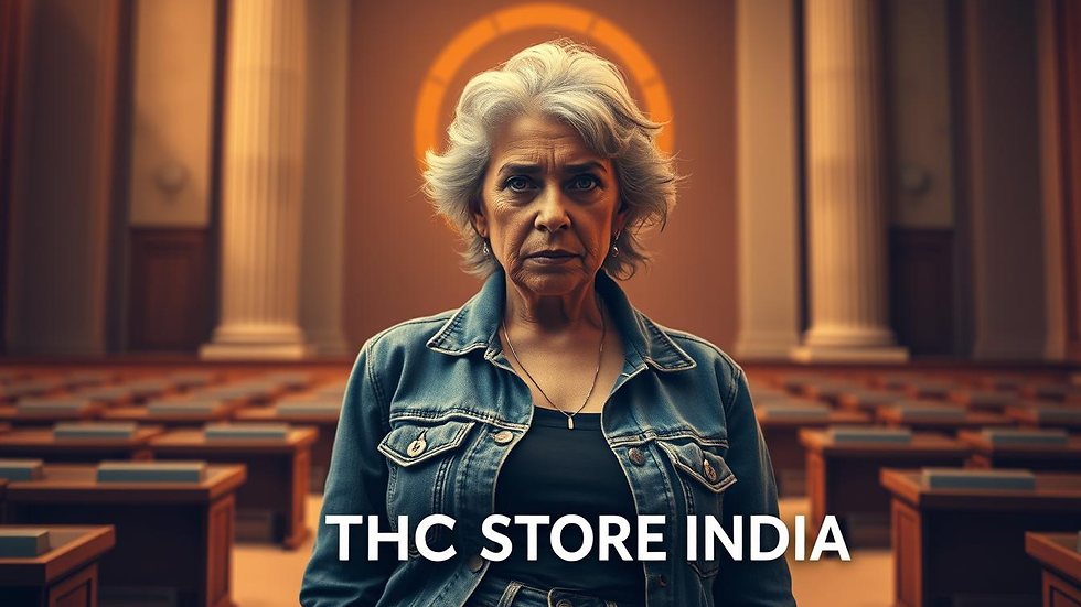 A stern-faced woman with steely determination in her eyes, &amp;quot;Brownie Mary&amp;quot; stands tall, her grey hair framing a weathered face that has seen many battles. Clad in a denim jacket and worn jeans, she radiates an air of defiance, her posture unwavering as she faces the camera. Behind her, a backdrop of courtroom benches and towering pillars suggests the legal arena where she fought tirelessly for the rights of AIDS patients, her unwavering spirit a beacon in the struggle. The warm, golden lighting casts a halo-like glow, emphasizing her role as a guardian and champion. In the foreground, the &amp;quot;THC STORE INDIA&amp;quot; logo subtly nods to the substance she fought to legalize for medicinal use.