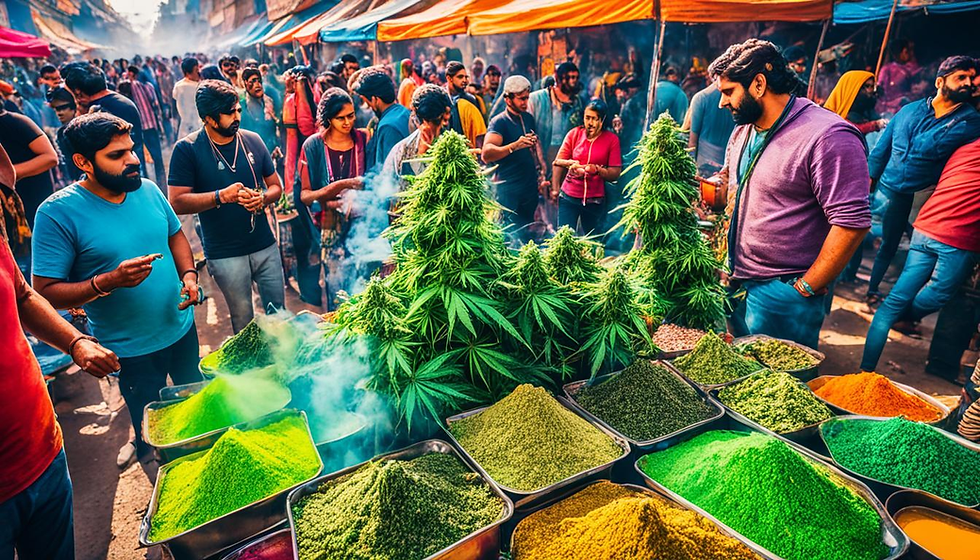 A vibrant street market scene in India with colors and lights reflecting the energetic atmosphere of modern cannabis culture. People of different ages and backgrounds are gathered, some smoking or vaping, others buying or selling various cannabis products, from buds and edibles to oils and tinctures. The scent of cannabis is in the air while music plays and food vendors offer delicious snacks. The image should convey a sense of community, inclusivity, and acceptance towards cannabis consumption as a modern lifestyle choice.