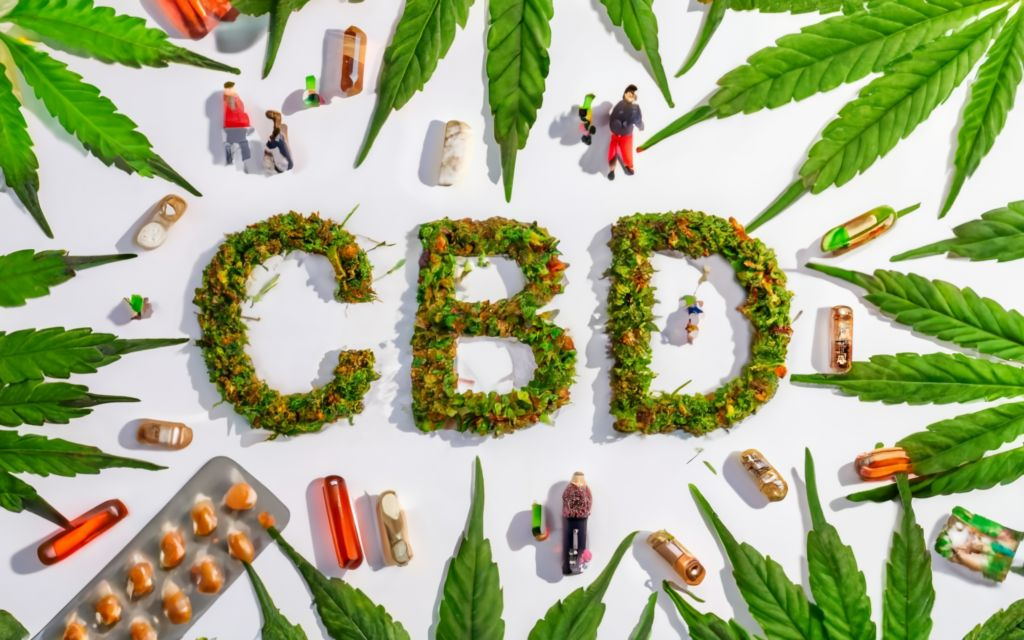 typograpgy TITLE IN THE CENTER _ "CBD ". Cannabis leaf background, no sticker/label on bottles. products. bottle is bigger in size than people. ayurvedic medicines all around in the image., conceptual art, 3d render, typography, vibrant