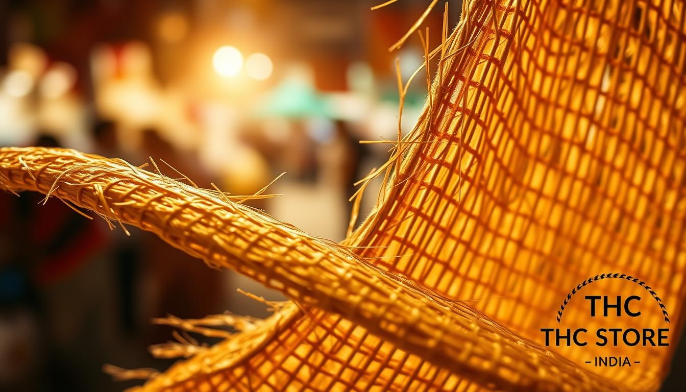 A beautiful close-up shot of natural hemp fabric, woven with intricate patterns and textures. The fibers glisten in the warm, golden lighting, showcasing the material's rich, earthy tones. In the background, a blurred, out-of-focus view of a bustling Indian marketplace, hinting at the fabric's deep cultural roots. The overall composition evokes a sense of harmony, authenticity, and sustainable fashion. In the corner, the discreet branding of &amp;quot;THC STORE INDIA&amp;quot; appears, a testament to the fabric's premium quality and ethical origins.