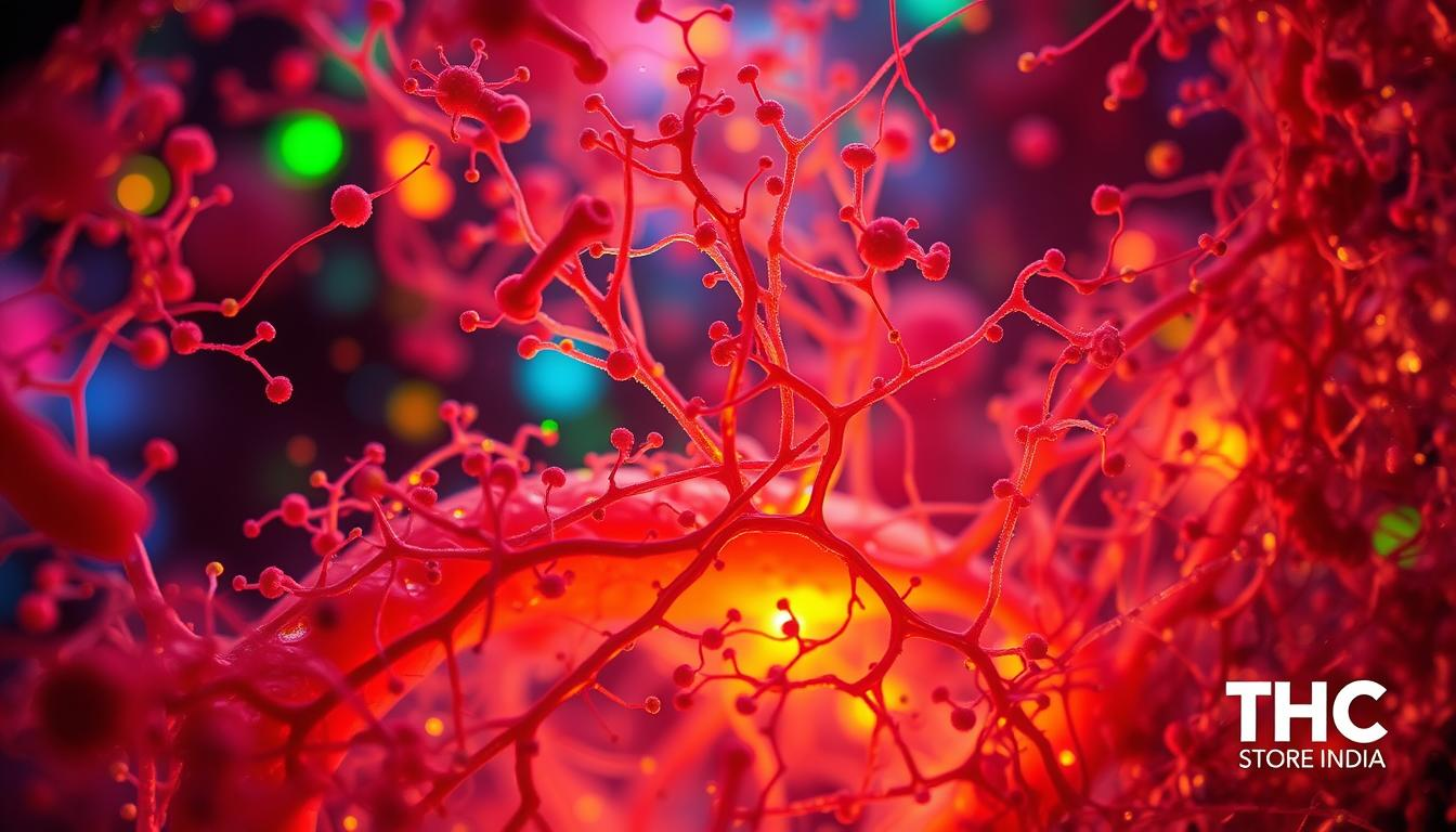 A vibrant cross-section of the gut microbiome, a thriving ecosystem of diverse microbial life. Fluorescent bacteria, archaea, and fungi in an intricate web, illuminated by a warm, diffused light. Delicate filaments and spore-bearing structures intertwine, creating a mesmerizing tapestry of biological activity. In the background, the THC STORE INDIA logo subtly indicates the connection between the gut and the mind. Captured with a high-resolution macro lens, this image conveys the complex, interconnected nature of the gut microbiome, the &amp;amp;quot;second brain&amp;amp;quot; that shapes our physical and mental well-being.