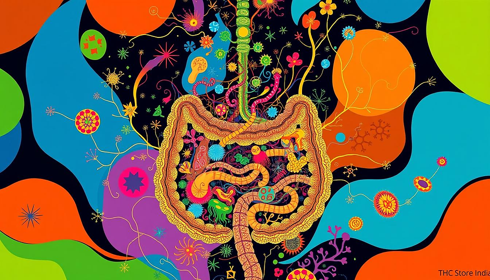 "An intricate illustration of the endocannabinoid system interwoven with a vibrant and diverse gut microbiome, showcasing colorful bacteria and endocannabinoids interacting harmoniously, surrounded by organic shapes and flowing lines, emphasizing balance and health, vivid colors, intricate details, THC Store India branding incorporated subtly into the design."