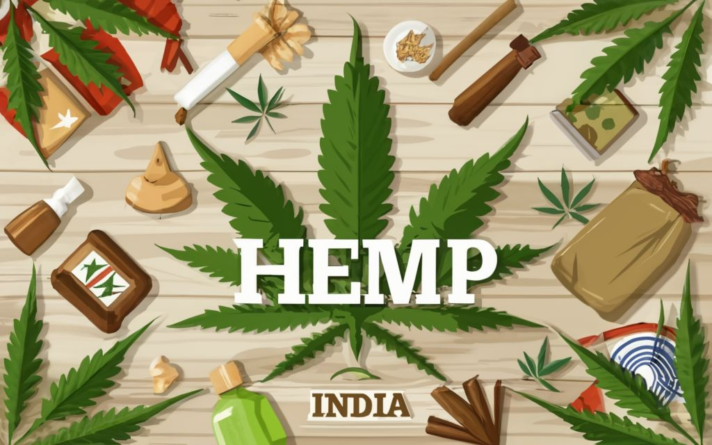 "HEMP INDIA " - . background full of hemp leaves. hemp leaf of the hemp plant in the center background, different kinds of hemp products around., typography