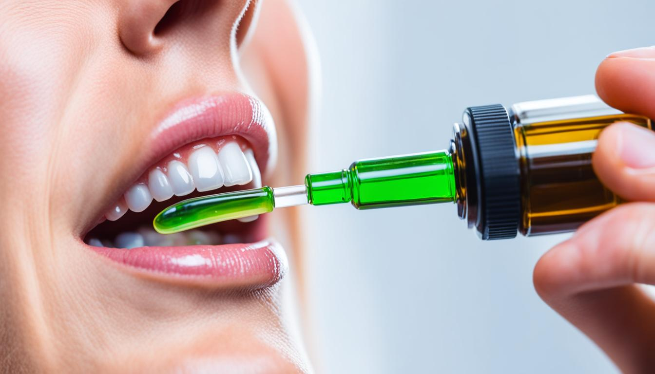A hand holding a dropper filled with CBD oil, hovering over an open mouth. The dropper is about to release a few drops of the oil onto the tongue. The hand is positioned in a way that shows the proper dosage control, indicating a careful and precise administration of the CBD oil. The focus is on the dropper and mouth, with blurry background to suggest the relaxation effects of the CBD oil.