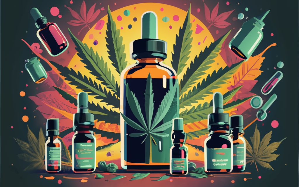 Vijaya leaf Extract, Cannabis leaf background with multiple tinctures bottles, and Vijaya leaf Extract Bottles., vibrant, conceptual art, illustration, product, typography, Discover the Benefits of Vijaya(Cannabis) Leaf Extract