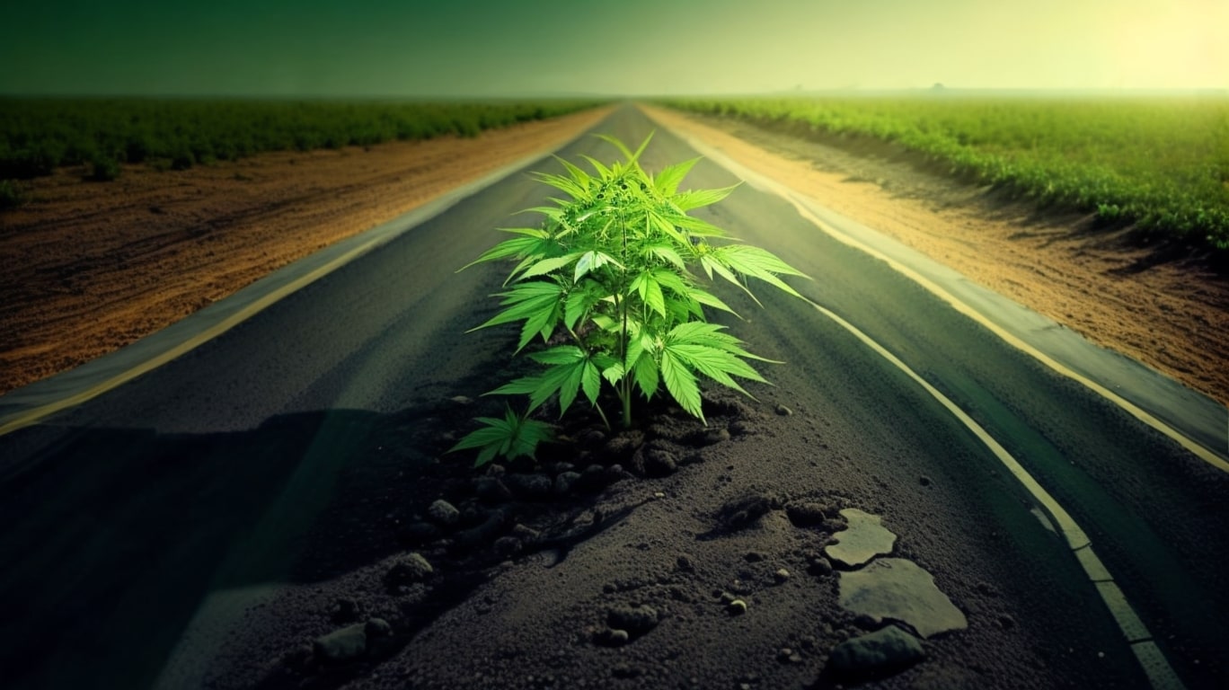Cannabis plant goring in the middle of the road