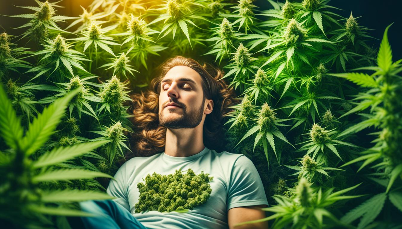 A person sitting in a peaceful and comfortable position with a serene expression on their face. They are surrounded by various types of plants, including marijuana buds and leaves. The plants appear to be growing in a lush garden, illuminated by gentle sunlight. In the foreground, there is a bottle of CBD oil and a small container of cannabis flower. The overall impression is one of calmness, relaxation, and relief from pain.