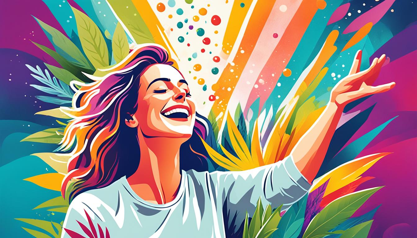 a person feeling relieved after using CBD for symptom management. Show an image of the person with a calm expression, surrounded by vibrant colors representing relief and comfort. Use natural elements such as plants and flowers to depict a sense of organic healing. The person should be shown engaging in an activity they enjoy, such as reading or playing music, to indicate that CBD has allowed them to regain control of their life and enjoy their hobbies without discomfort.