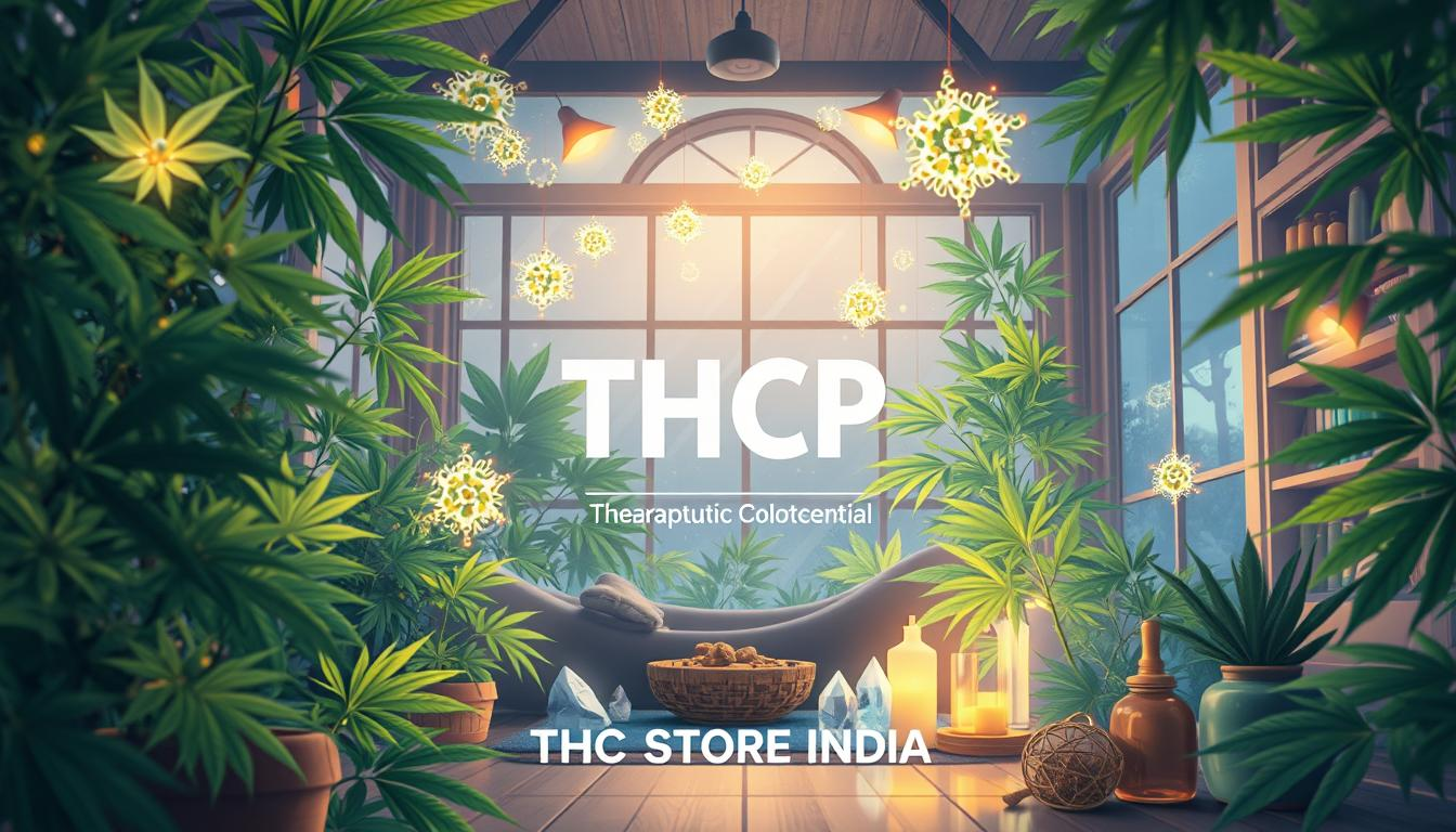 A vibrant and detailed illustration depicting the therapeutic potential of THCP, featuring a serene indoor environment with lush green cannabis plants, glowing molecular structures representing THCP’s potency, soft ambient lighting, and elements symbolizing healing such as crystals and herbal remedies, all set in an inviting and calming atmosphere. Include the brand name "THC STORE INDIA" subtly integrated into the natural surroundings.