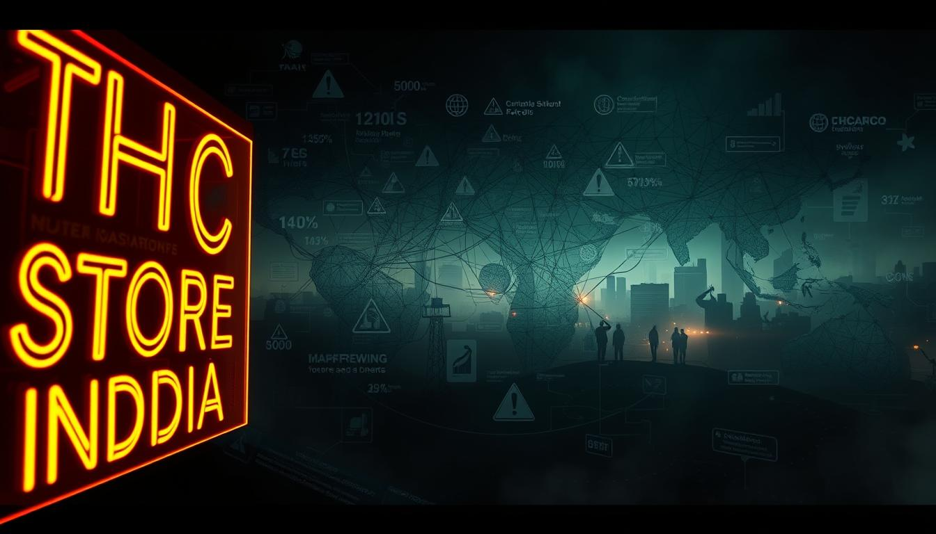 A sweeping global landscape depicting the alarming rise of synthetic cannabinoids. In the foreground, a glowing neon sign reads "THC STORE INDIA", casting an eerie glow over the scene. The middle ground shows a tangled web of data visualizations, statistics, and warning symbols, conveying the complexity and scale of this emerging public health crisis. In the distant background, silhouettes of people move through a hazy, dystopian cityscape, hinting at the human toll. The lighting is stark and dramatic, creating a sense of unease and urgency. The overall mood is one of concern and a call to action, underscoring the need to address this growing threat.