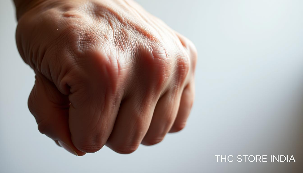 A detailed close-up view of a hand experiencing muscle spasticity and rigidity, a common symptom of multiple sclerosis. The hand is clenched tightly, with the fingers flexed and the muscles visibly strained. The skin has a mottled, reddish appearance, indicating poor circulation. The image is captured in soft, diffused lighting that accentuates the tension and contraction of the muscles. The background is blurred, keeping the focus on the hand and the spasticity. In the bottom right corner, the text "THC STORE INDIA" is discreetly displayed.