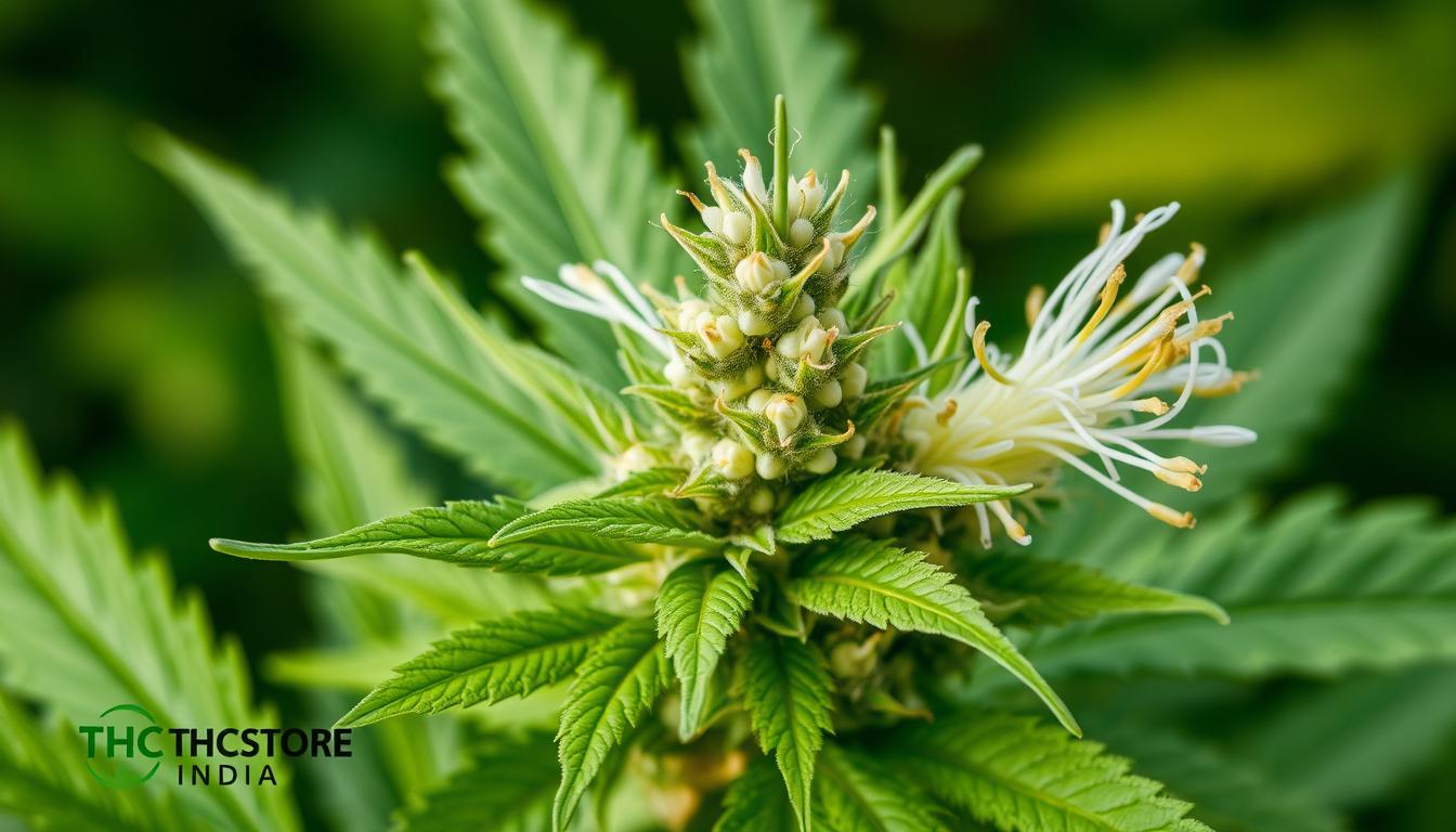 A close-up view of a cannabis plant showcasing both male and female flowers, with distinct characteristics of hermaphroditism. Detail the plant's leaves, buds, and pistils, displaying both yellow pollen sacs and white stigmas against a lush green background. Include subtle variations in lighting to emphasize the different flower types. Create an organic and natural atmosphere that captures the complexity of the plant. THC STORE INDIA logo subtly integrated into the scene without any text or branding elements.