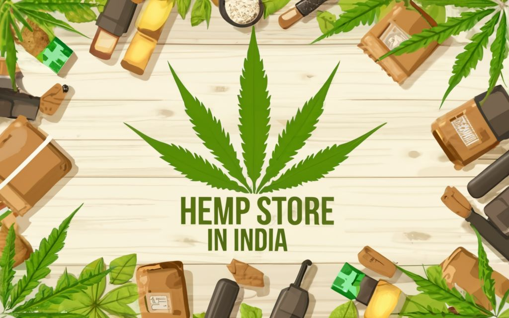 "HEMP STORE IN INDIA " - . background full of hemp leaves. hemp leaf of the hemp plant in the center background, different kinds of hemp products around., typography