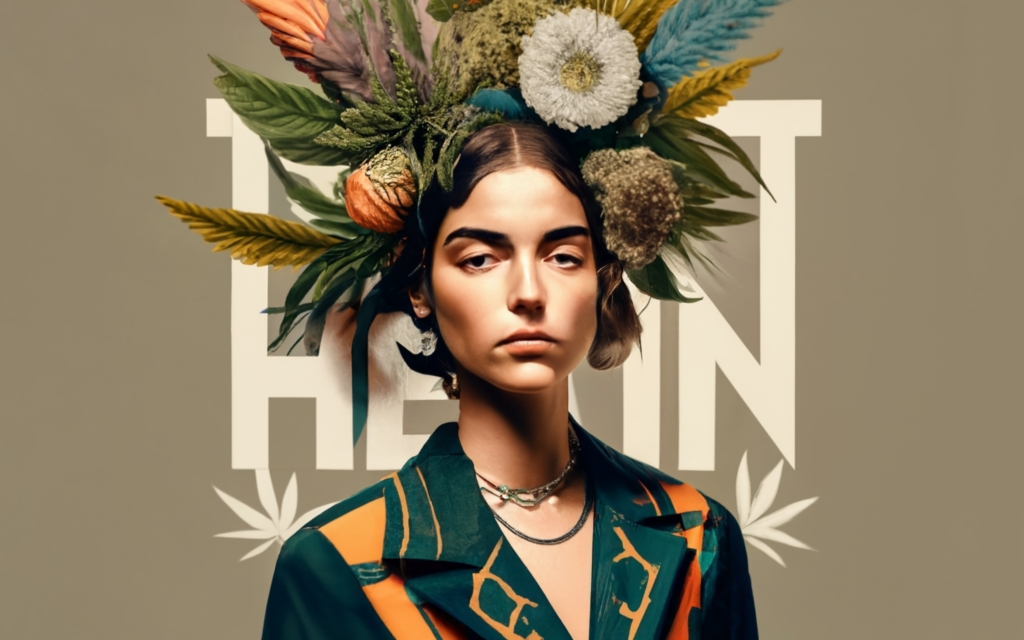 woman, wearing hemp clothing, cannabis leaf crown, flower crown, model