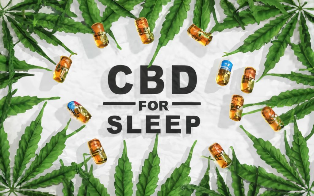 typograpgy TITLE IN THE CENTER _ "CBD FOR SLEEP". Cannabis leaf background, no sticker/label on bottles. people around using CBD for relief. bottle is bigger in size than people. cannabis medicines all around in the image., conceptual art, 3d render, typography, vibrant
