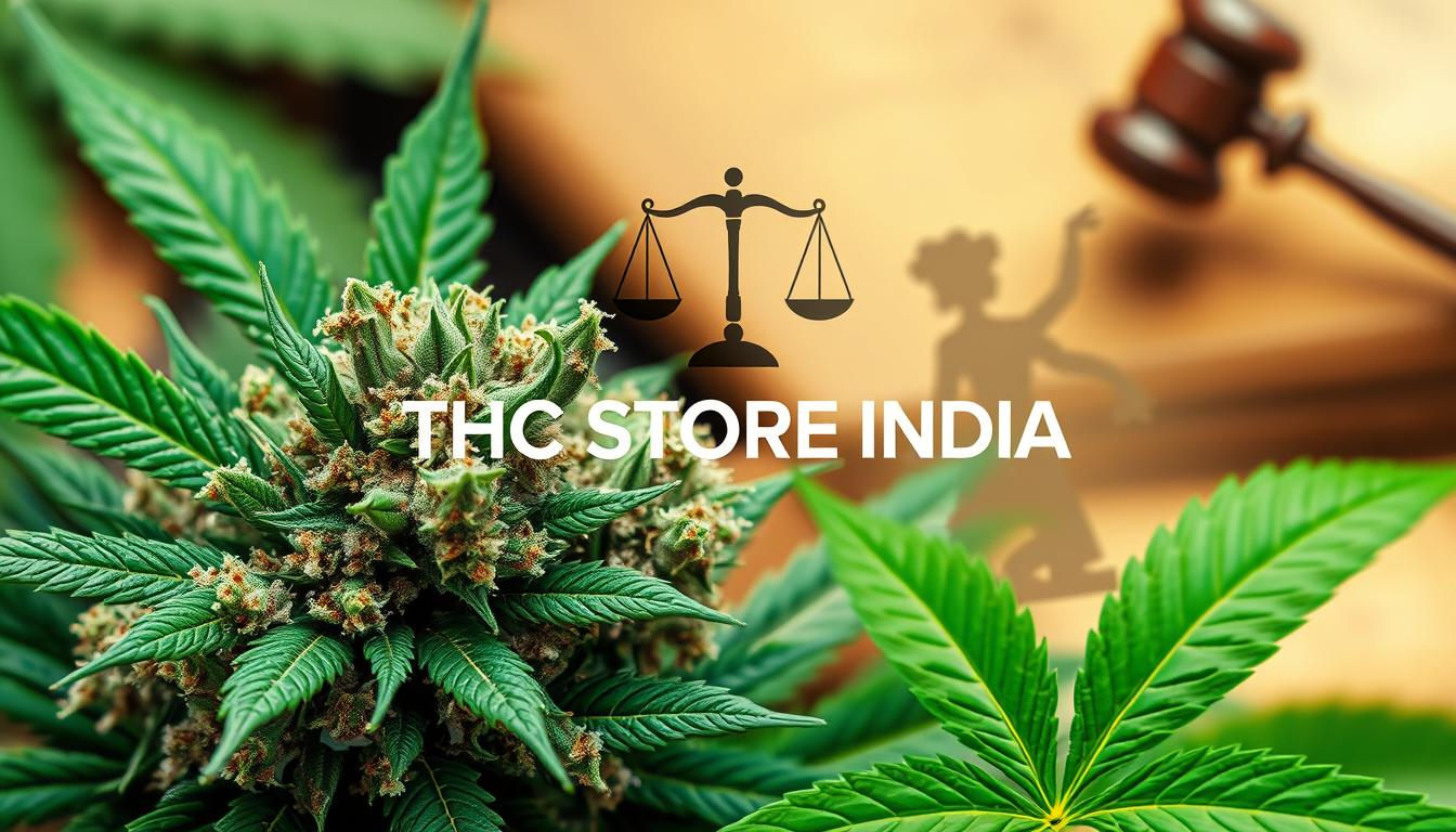 "Visual representation of cannabis trichomes with a focus on legal aspects, featuring symbolic elements like scales of justice and green leaves, blended with an abstract background of law books and gavel silhouettes, emphasizing the intersection of cannabis and legality. Include the brand name 'THC STORE INDIA' prominently in the design."